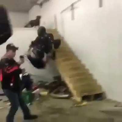 Man going down the stairs in a quadricycle, dog seem to be used to it