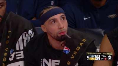 [Highlight] LeBron talking back to the Pels bench; scores and-1 immediately afterwards and shakes his head