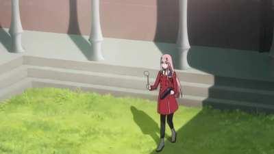 zero two hitting a pan but it's the mii channel theme