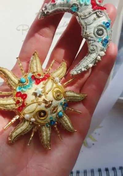 Embroidered brooches Sun and Moon, will shine for you day and night