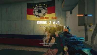 One tap wall bang headshot over the shoulder through two rooms.