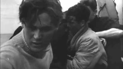 One of dozens of Supermarine Spitfires shot down during the Dieppe Raid crashes near the invasion fleet with the pilot being recovered wet but unharmed