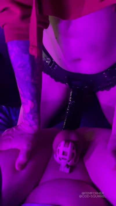 That’s how it work: the smallest cock get fucked. Now open your hole for my strapon.