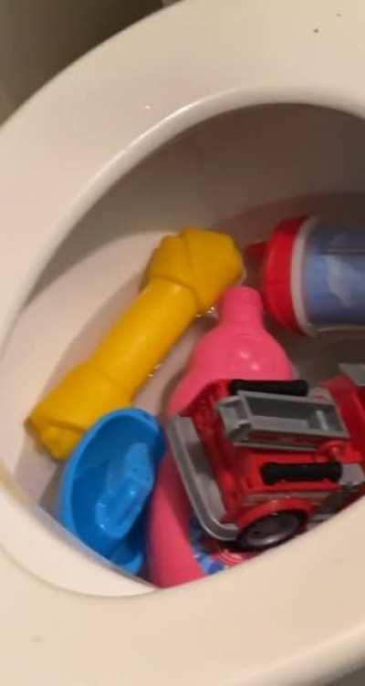 Dumps all of his toys in the toilet.... Then cries because he wants it back