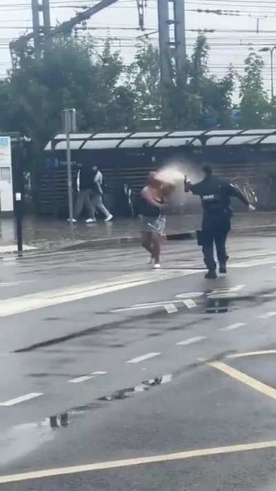 A woman wielding a knife in Paris is pepper-sprayed by police.