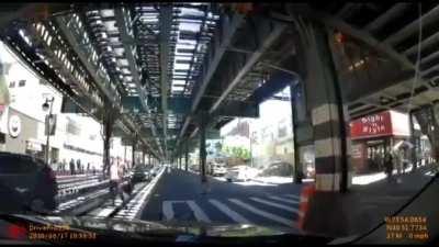 Driver plowed off riders bike from underneath him after speeding across intersection.