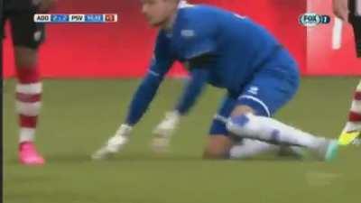 A behind-the-back no-looksies back-heel kickarooskie.