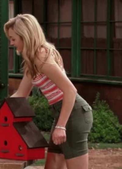 Peyton List red & white top gray shorts bubble butt