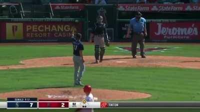 [Highlight] David Fletcher's hitting streak ends as he strikes out on a pitch that nearly hits him in the head