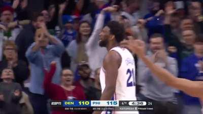 [Highlight] Embiid is fired up after his three pointer forces the Nuggets to call timeout, giving him 44 on the night