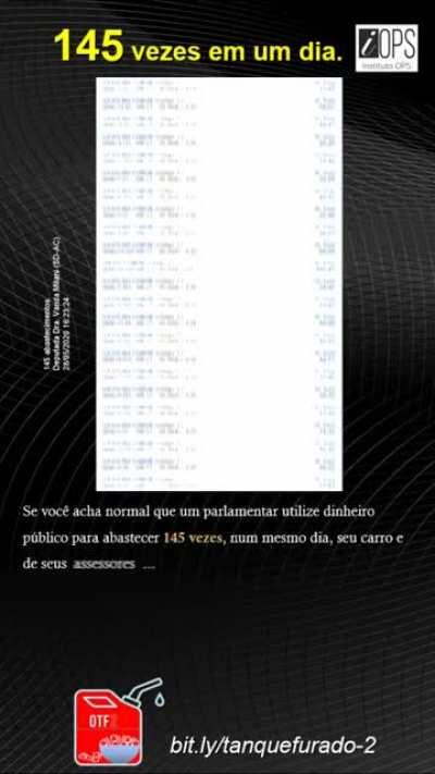 Tanque Furado 2 - Um parlamentar usou dinheiro público para abastecer 145 vezes no mesmo dia. Ajude a expor mais casos como este. A operação ainda está rolando. Links nos comentários