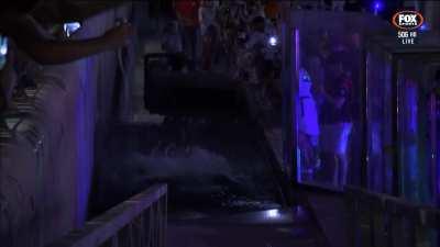 Valtteri celebrates his time with Mercedes by jumping into the marina