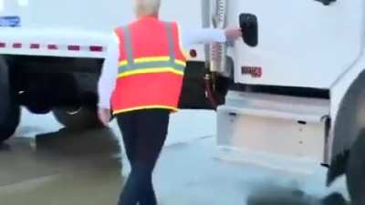 Trump nearly busted his ass while trying to get in a garbage truck