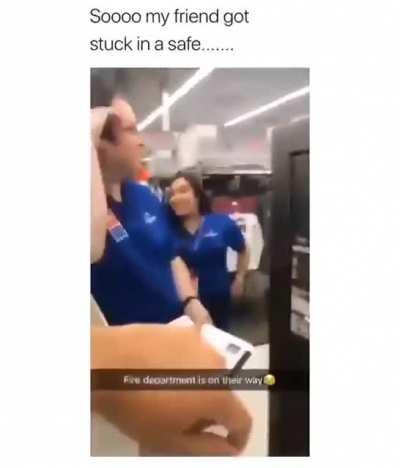 Dumb guy gets himself locked in a safe