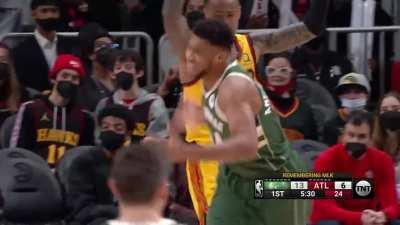 [Highlight] Giannis powers through and dunks it over John Collins!