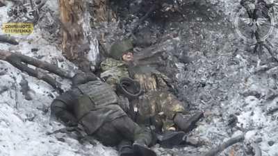 Two Russian soldiers taking a rest were interrupted by an FPV kamikaze drone strike near Avdiivka
