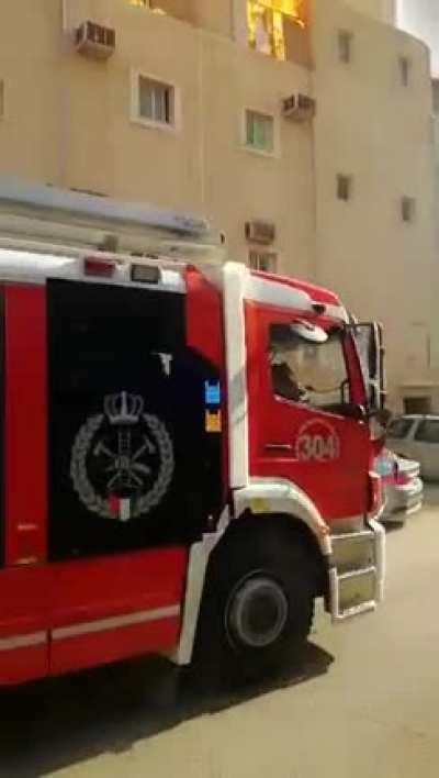 Water tank explosion saved the building before the fire fighters starts their job.