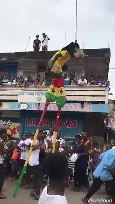 Dancing on stilts. Falling in the ground.