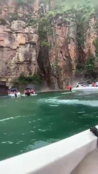 Rock falls on boats