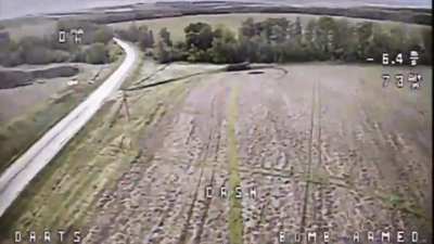 A Ukrainian Darts kamikaze drone hits and destroys a Russian 2S43 