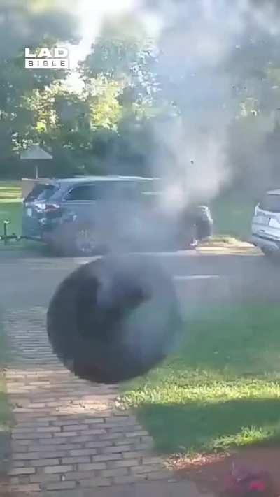 Stray tyre smashes into front porch