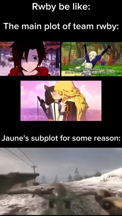 Jaune's subplot is like: I want to be a huntsman -> I want to avenge my mentor and best friend -> It's okay to move on and let go of feelings of revenge -> *Sounds of rusty armor, psychological abuse and suicidal temptations*