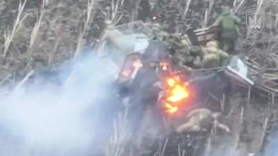 Ukrainian FPV drone hits a Russian pickup truck packed with infantry somewhere in eastern Ukraine, they are eventually taken out by other drones 