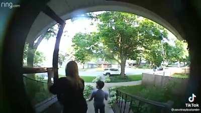 Angry neighbor won’t let kids play with a sprinkler during a hot day. A nice neighbor decides to be friendly and hook theirs up for the children