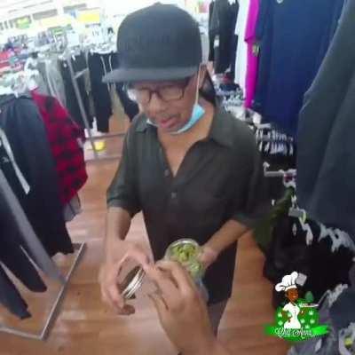Gifting weed to strangers dressed as a Walmart employee.