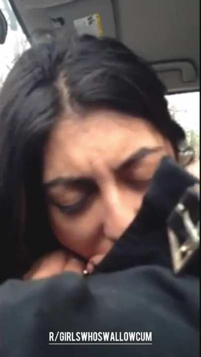 Sexy Brunette gives a Hesitant Blowjob in the Car & Takes Cum In Her Mouth