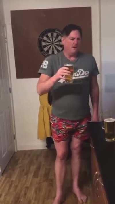 Drinking three pints of lager as quickly as possible.