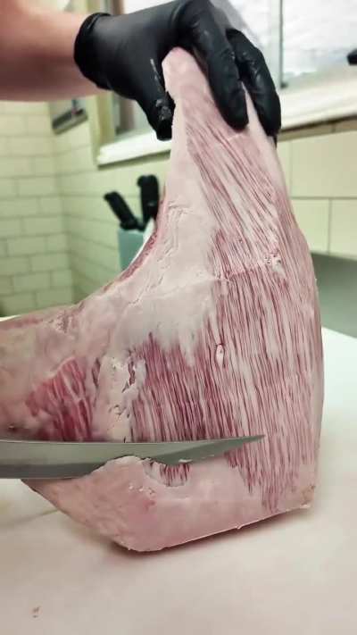Trimming excess fat from a raw Wagyu tri-tip cut.