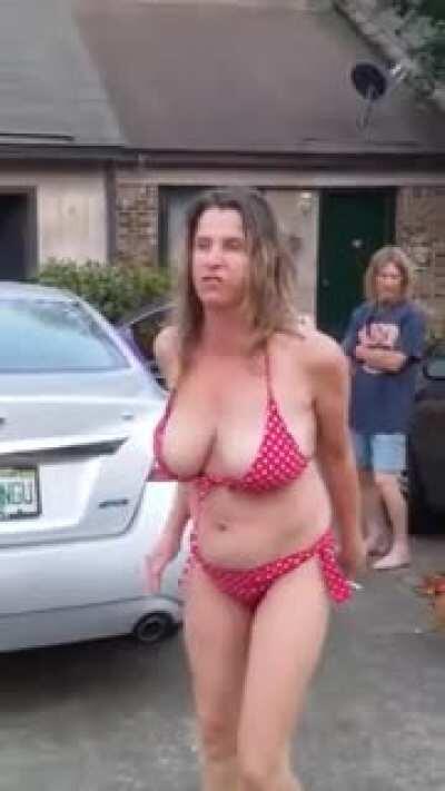 Trashy bikini woman arguing