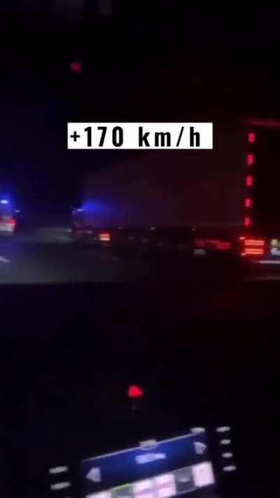 Truck drivers racing on the highway