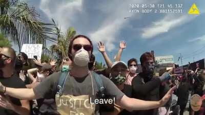 LAPD release bodycam footage of clashes with a mob on may 30th, in response to a use of force complaint from a man (Steyn) whose nut was busted by a 40mm sponge round after he kicked a police officer