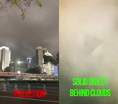 Since people insist in believing this absurd theory here is a side by side comparison of projection vs solid object behind clouds