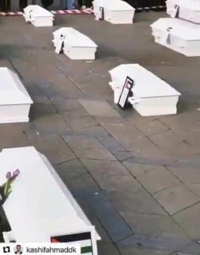 A Danish citizen in Copenhagen surprised people with 67 coffins and placed them in front of Parliament with the names of the martyrs of Gaza's children, so that the people and politicians feel the horror of Israel killing so many Palestinian children