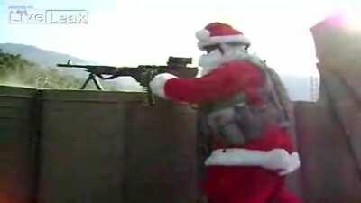 Santa Claus fires his M240 machine gun at terrorists in Korengal Valley, Afghanistan (late 2000s)