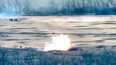 Ru POV: ATGM hits a group of Ukrainian soldiers - said to be fired from T80 tank