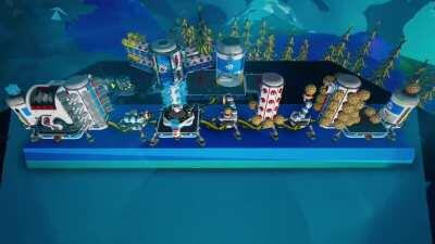 Example of auto trade line. Timer(1m:30s) fires trade plat. Storage sensor on last med silo set to 'full/not full' will shut off arm when line is full, will turn back on when resources removed from end platform. Overflow silo in middle to prevent spills, 