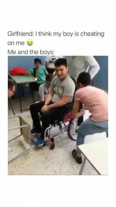 Disabled kid and his friends Formula 1 pit crew stop