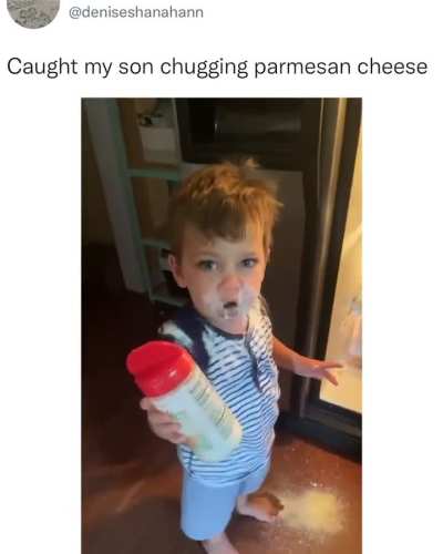 A kid gets caught chugging pærmesan
