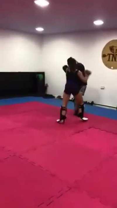 Girl eat a spinning kick to the face while sparring