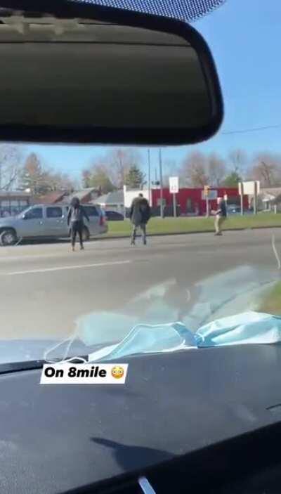 WCGW putting a car in reverse, getting out, and locking the doors. (8 Mile in Detroit, MI, USA)
