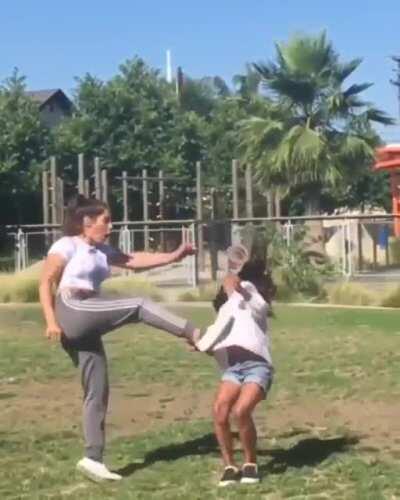 2 friends decided to practice some face kicks