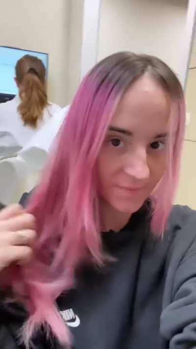 Pink Hair Babe Trying To Sneak Boobs In office, Almost Got Caught