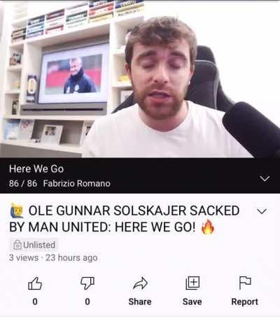 Fabrizio Romano uploads video claiming Ole was sacked but has it unlisted 🤨