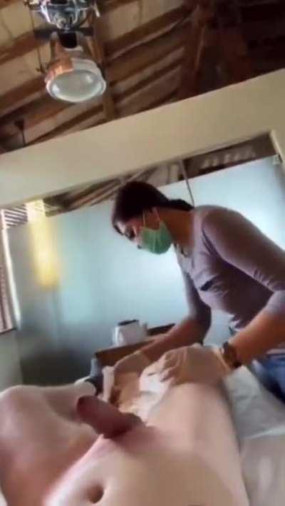 Man Cums On His Asian Esthetician While She Waxes Him
