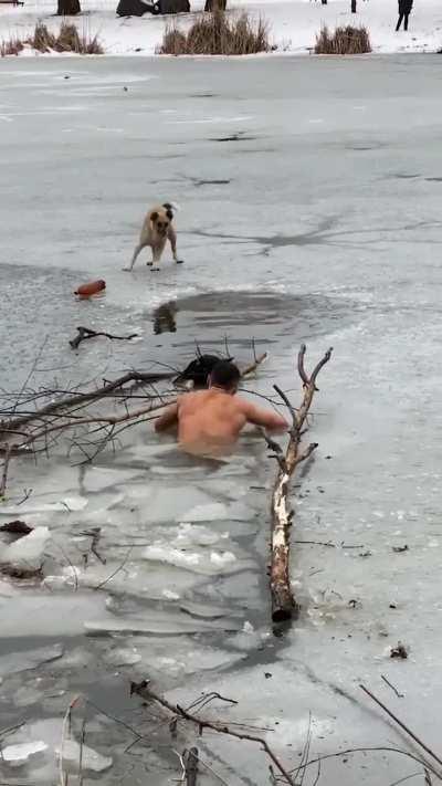 Man Breaks Through Ice to Save A Stranded Dog
