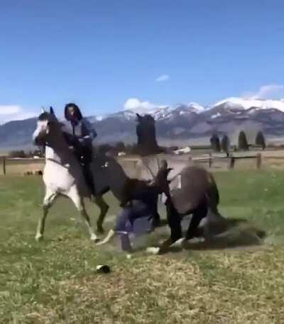 Trying to pop the champagne while on horse back